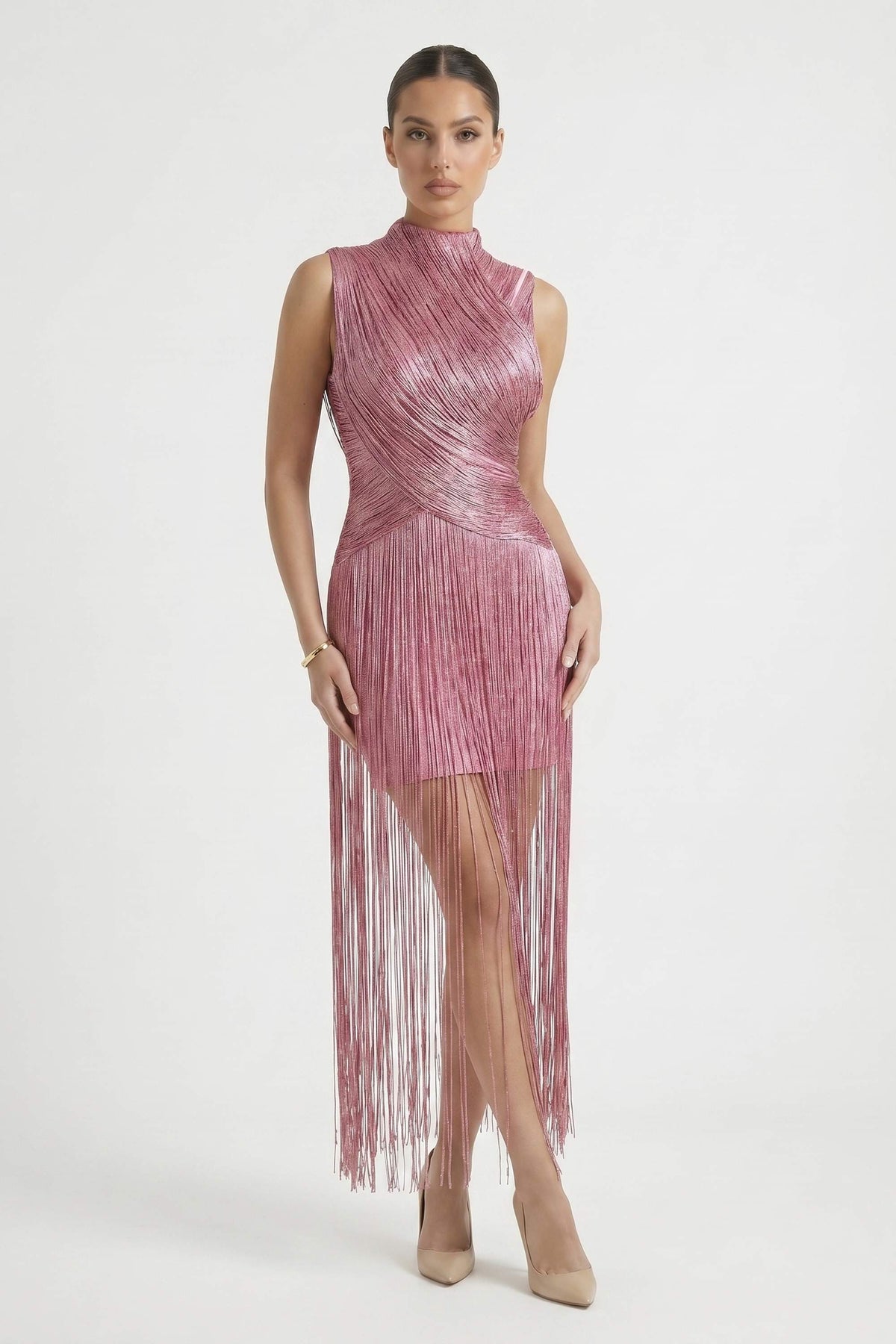 Dusty Rose High Neck Fringe Maxi Dress - Pink / L - Dress