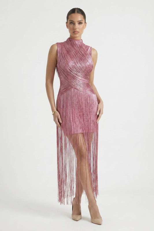 Dusty Rose High Neck Fringe Maxi Dress - Pink / L - Dress