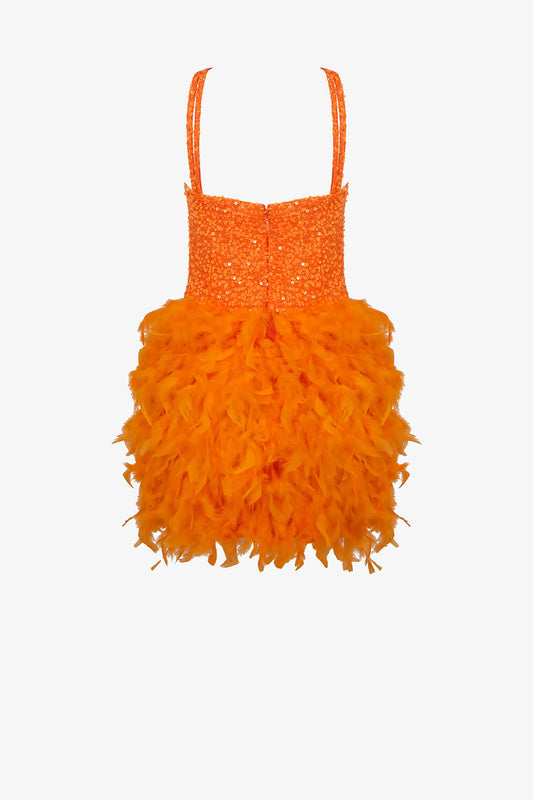 Orange Feather Embellished Sequin Mini Dress