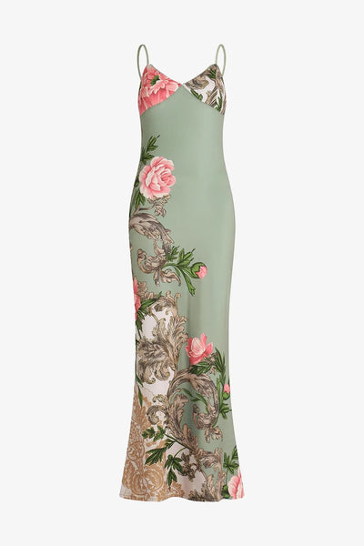 Green Floral Print Slip Dress Green / S