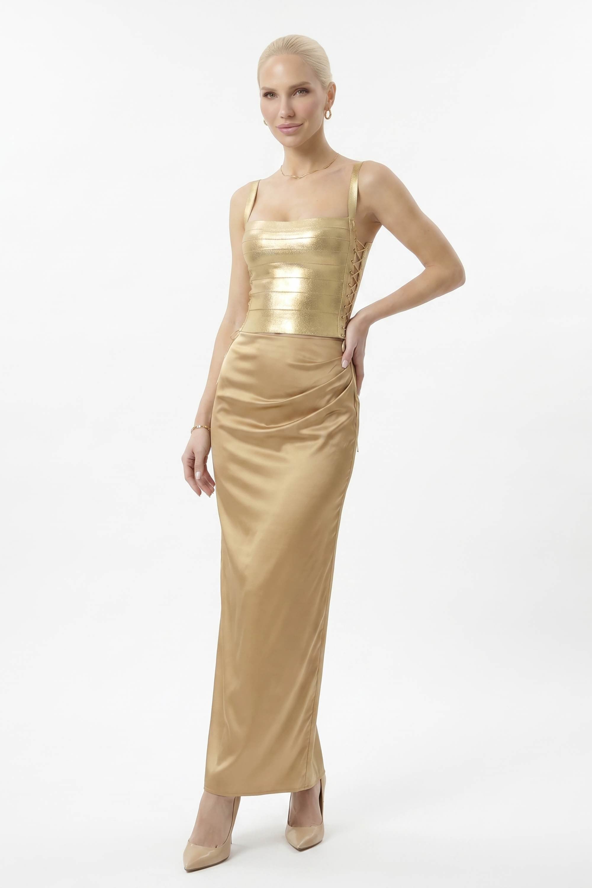 gold dress corset Gold Metallic Lace-Up Corset Crop Top – Selene Dress