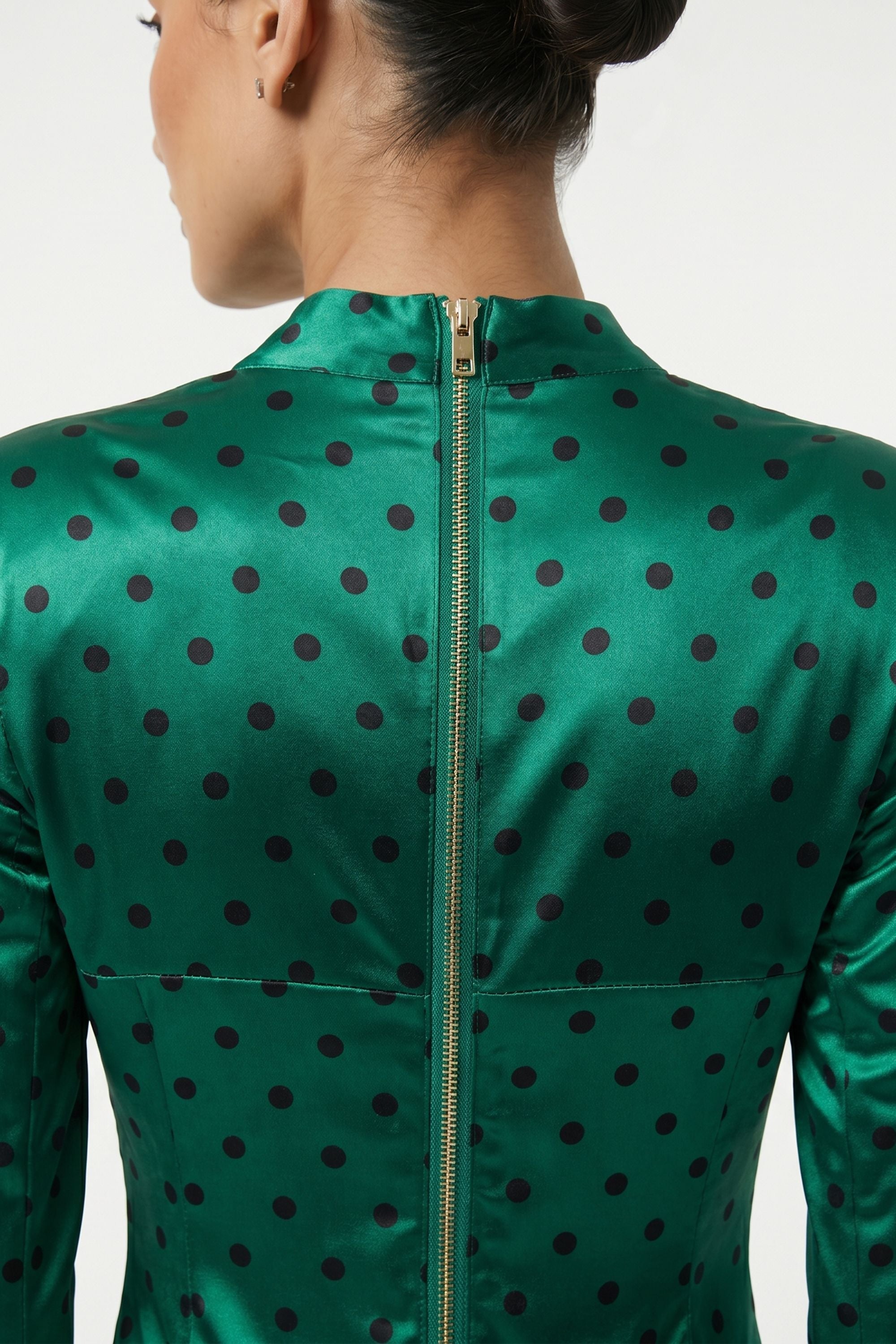 Green Long Sleeve Polka Dots Draped Mini Dress Green / 8