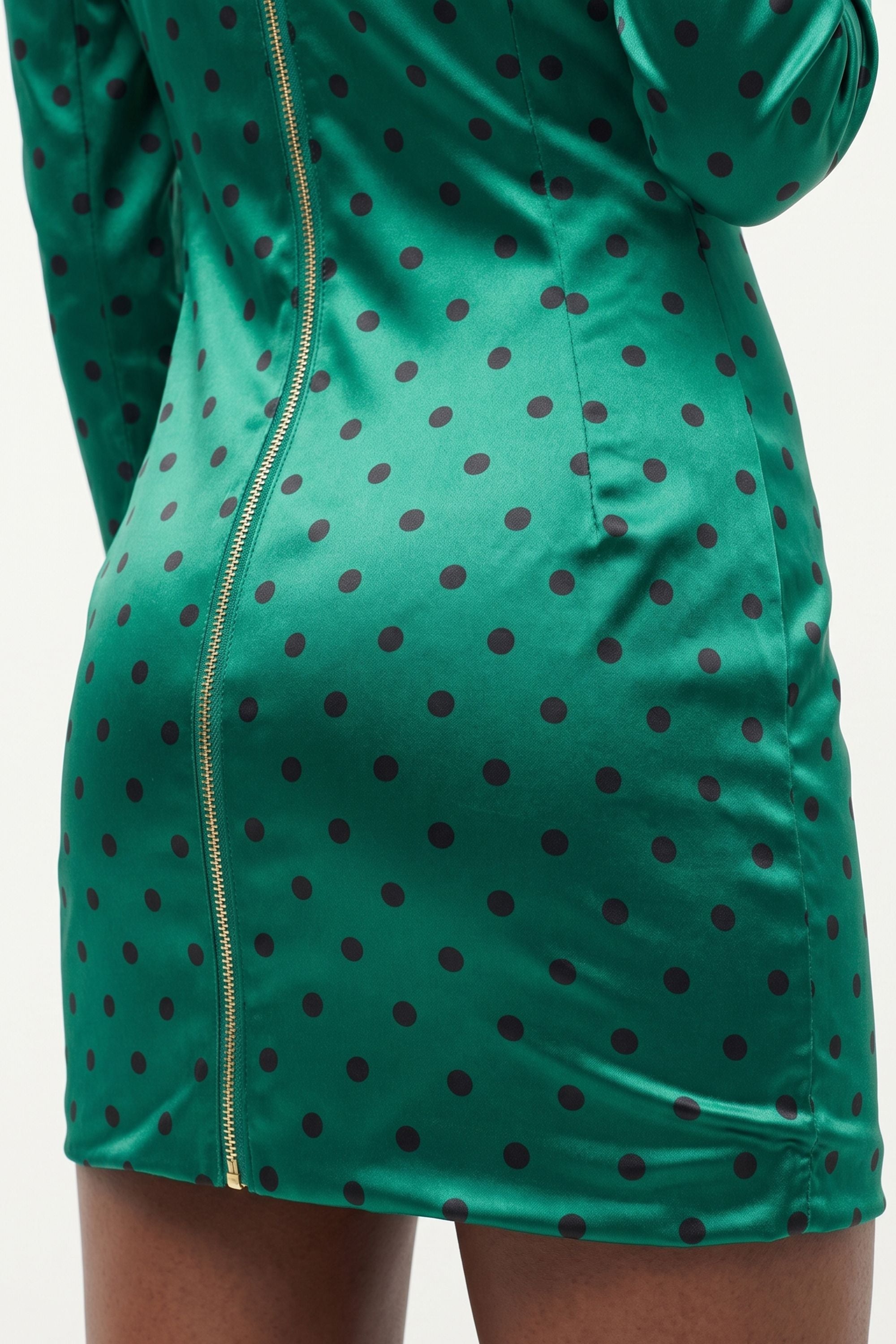 Green Long Sleeve Polka Dots Draped Mini Dress Green / 8
