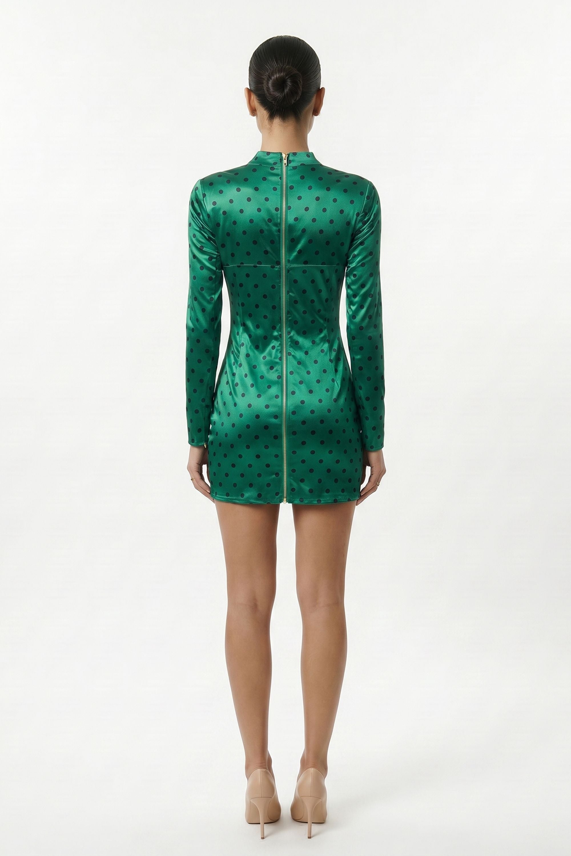 Green Long Sleeve Polka Dots Draped Mini Dress Green / 8 Green Long Sleeve Polka Dots Draped Mini Dress Green / 8