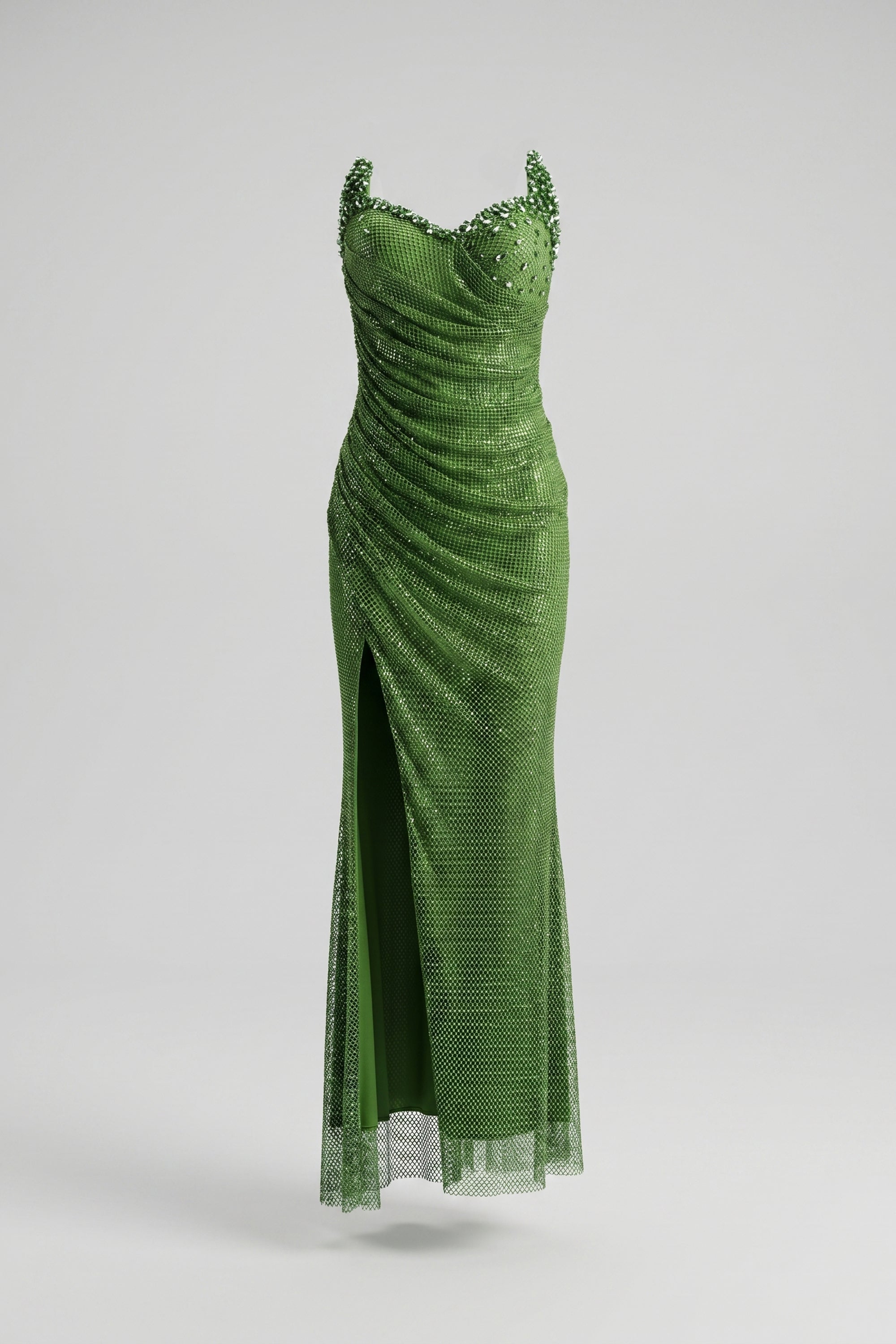 Green Rhinestone Sweetheart Ruched Split Mermaid Dress - Dress
