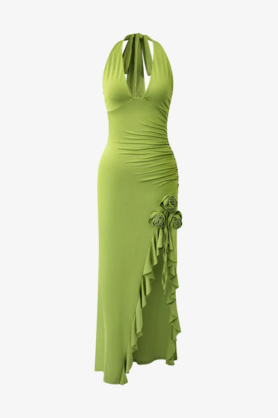 green emerald velvet dress Cosmo Bottle Green Bandeau Feather Corset Split Maxi Dress – Club L London