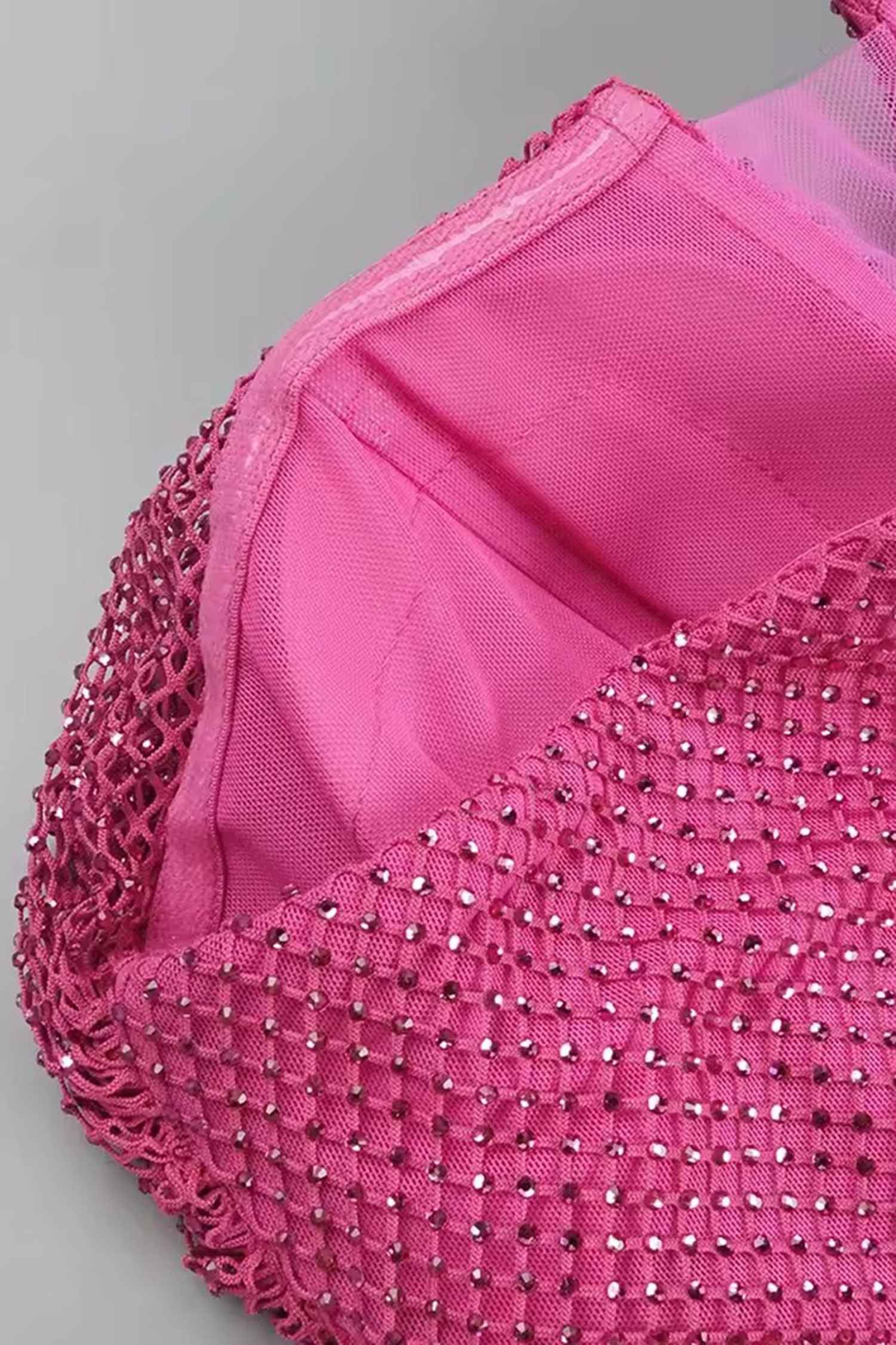 Hot Pink Rhinestone Draped Mesh Maxi Dress Dress