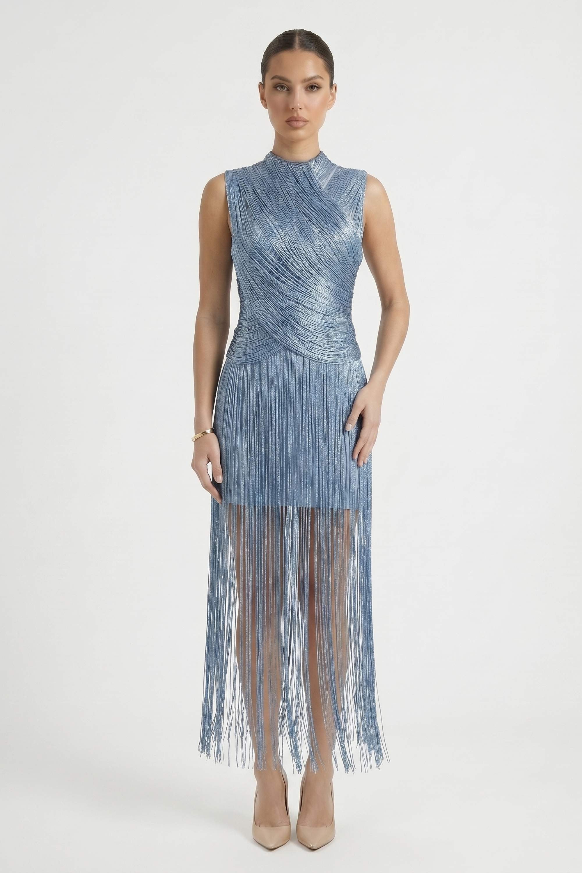 Ice Blue Fringe Maxi Dress - Dress