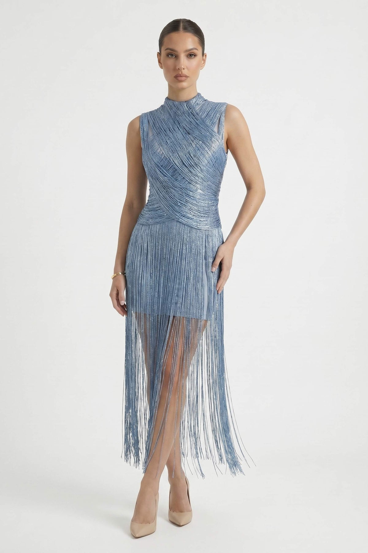 Ice Blue Fringe Maxi Dress - Blue / S - Dress