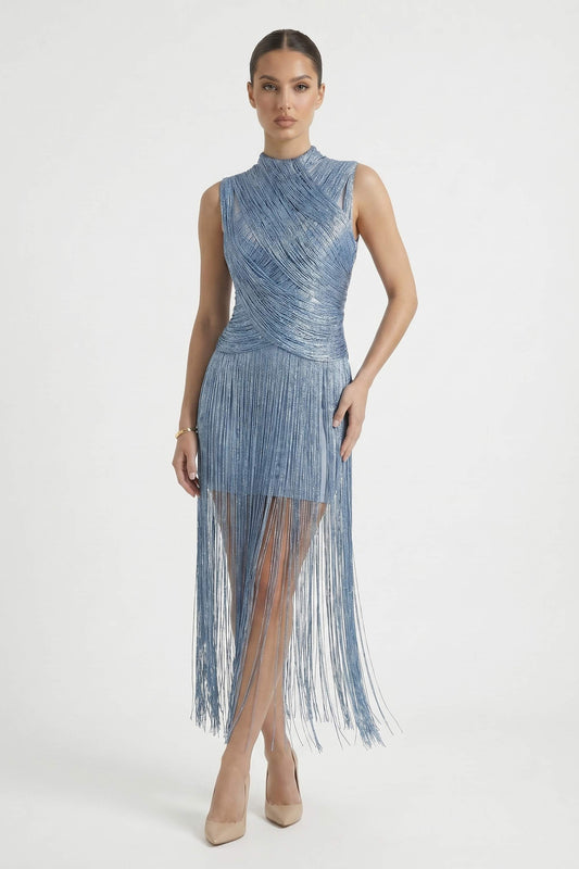Ice Blue Fringe Maxi Dress - Blue / S - Dress