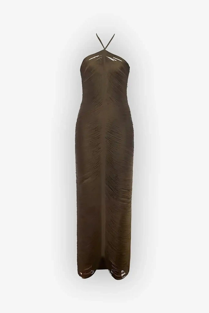 Olive Green Fringe Halter Maxi Dress Green / 4 Olive Green Fringe Halter Maxi Dress Green / 4