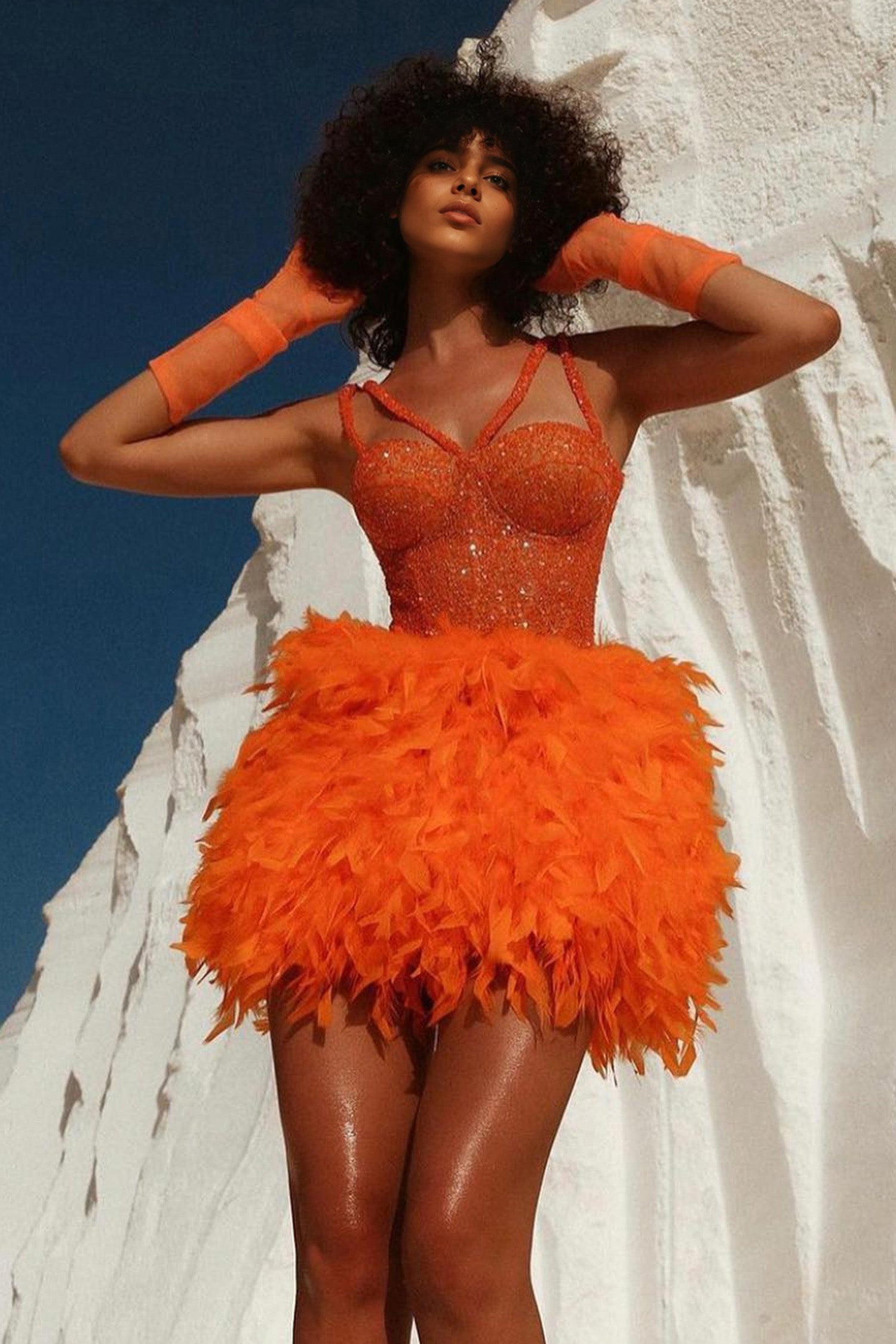 Orange Feather Embellished Sequin Mini Dress Selene Dress Orange Feather Embellished Sequin Mini Dress Selene Dress