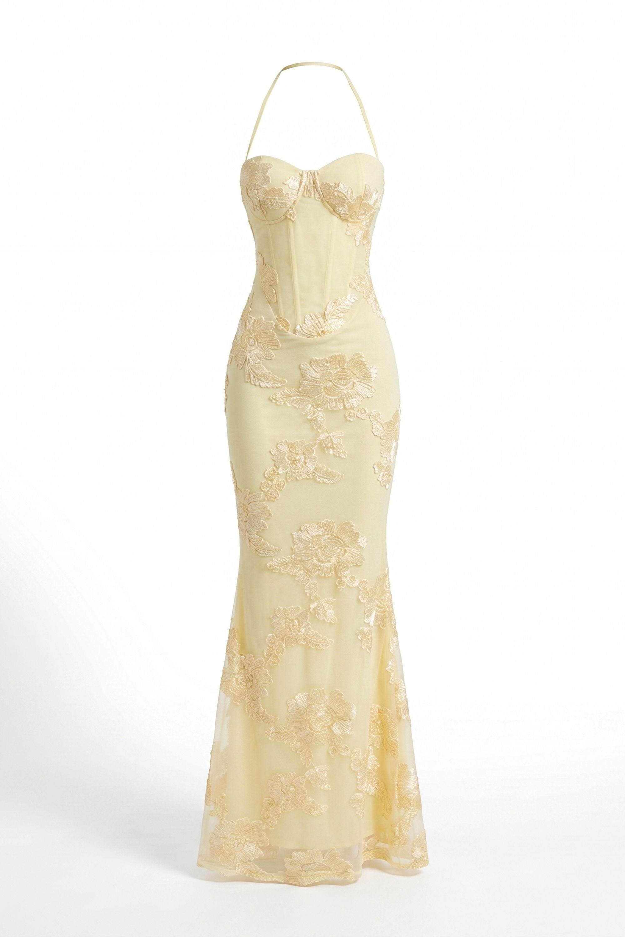 Pastel Yellow Floral Corset Mermaid Dress - Dress
