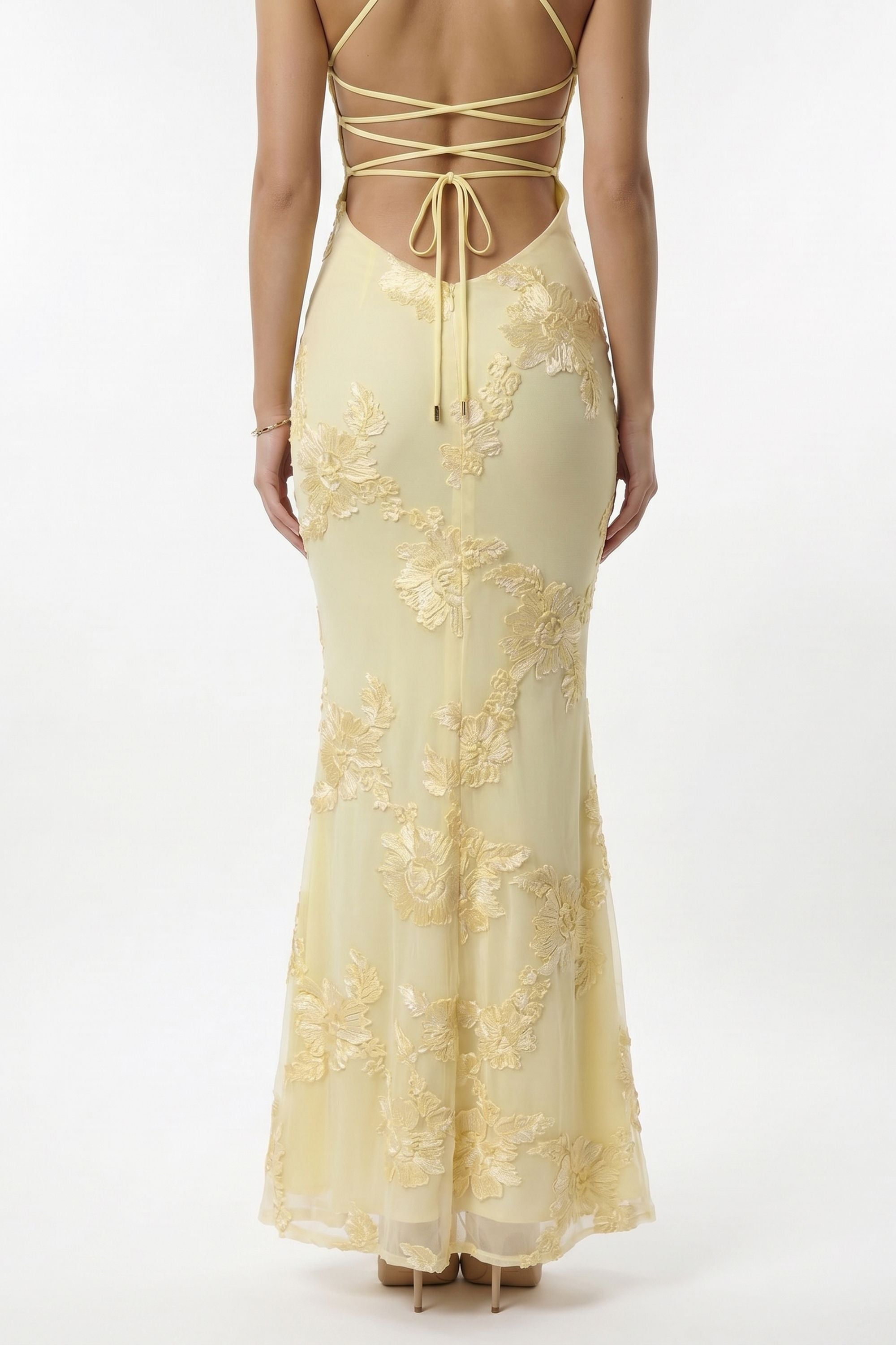 Pastel Yellow Floral Corset Mermaid Dress - Dress