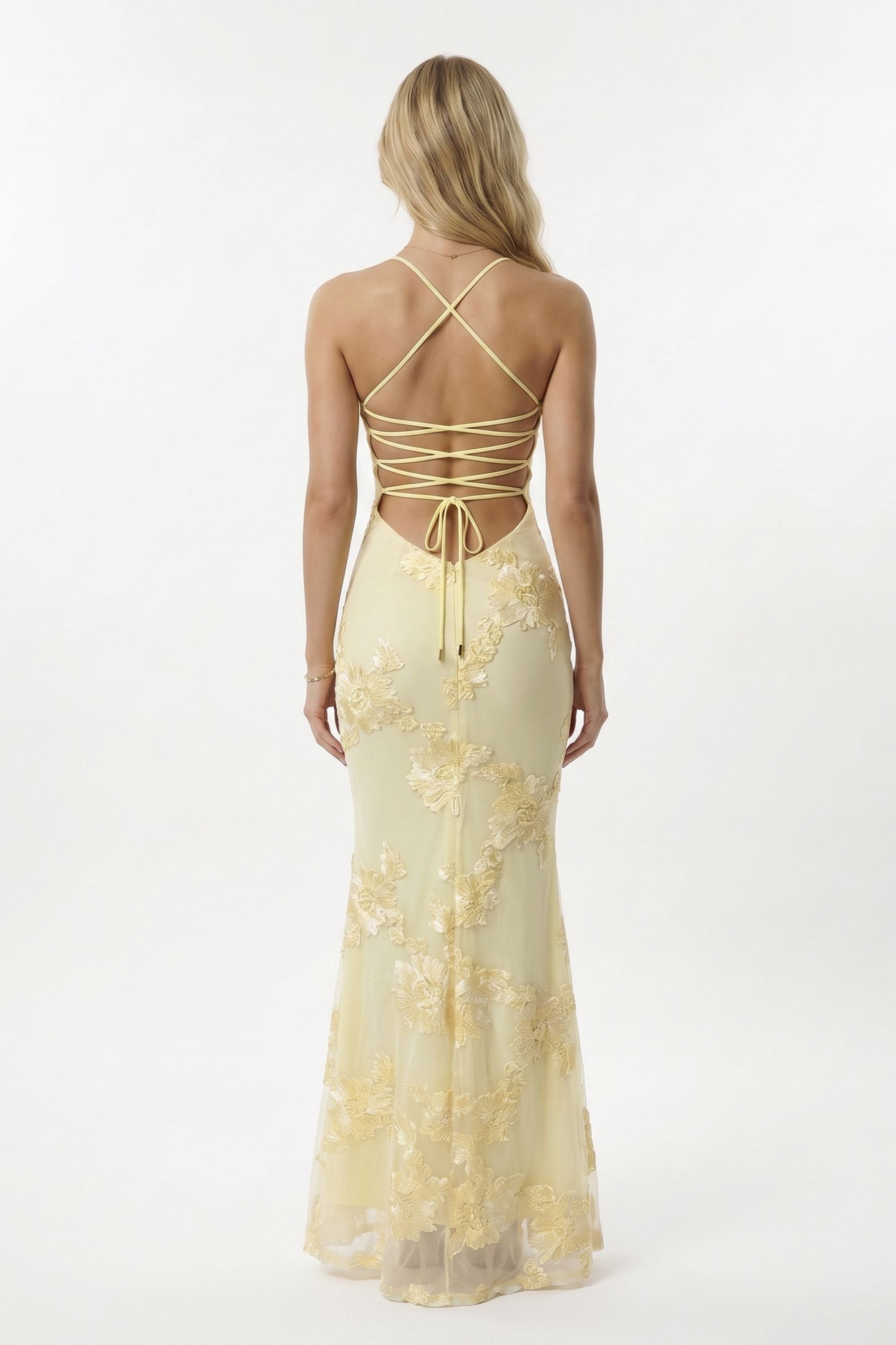Pastel Yellow Floral Corset Mermaid Dress - Dress