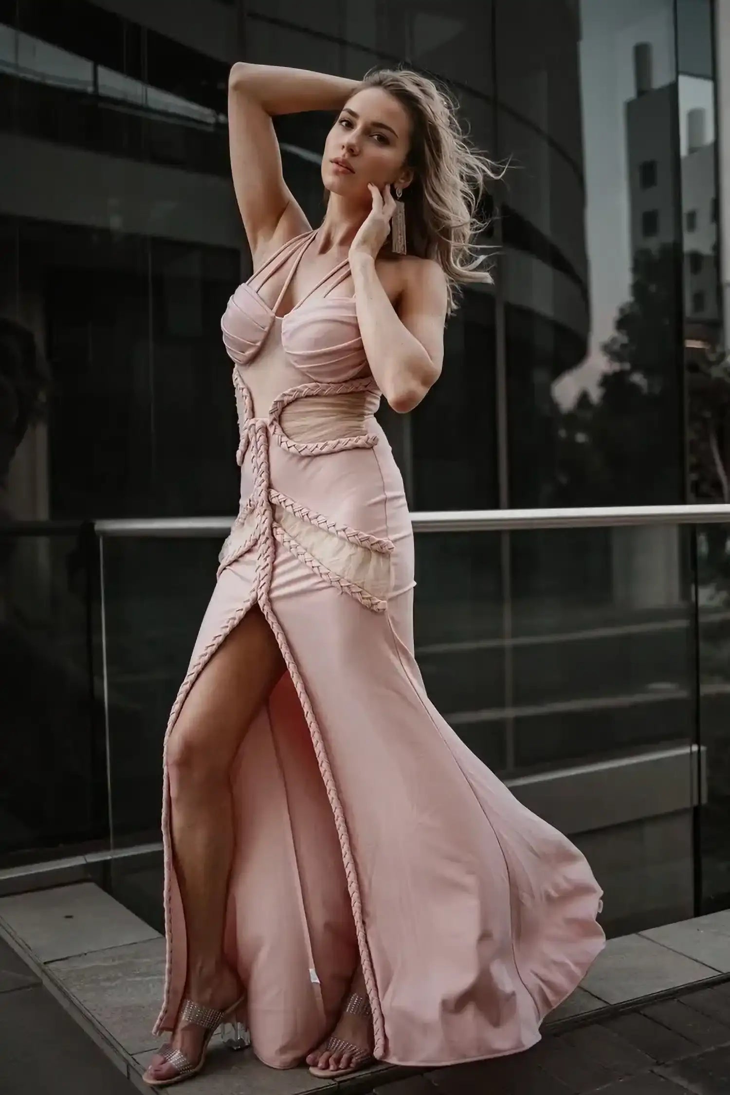 Pink Cut Out Crisscross Strap Maxi Mermaid Dress Dress