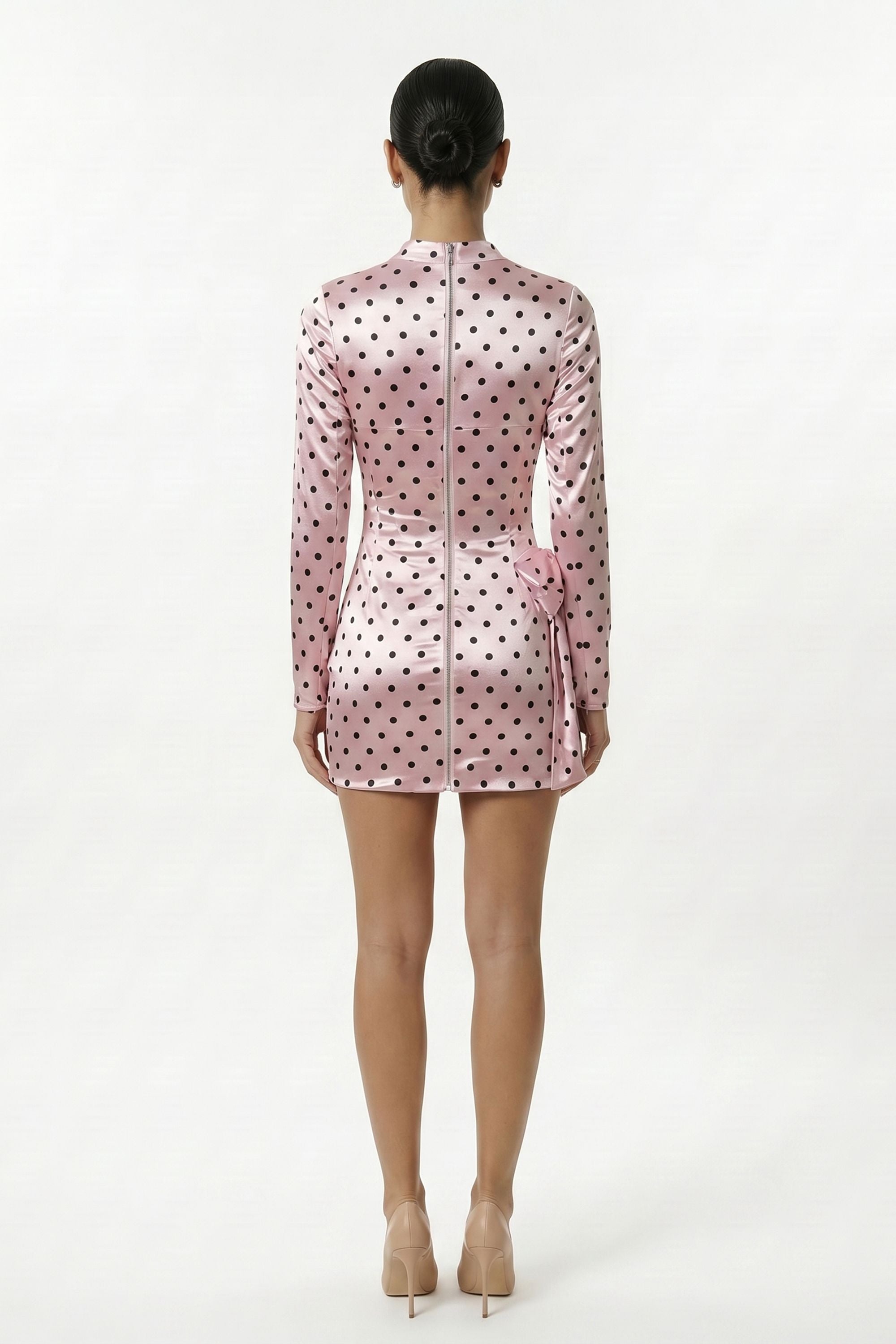 Pink Draped Polka Dot Long Sleeve Satin Mini Dress Selene Dress Pink Draped Polka Dot Long Sleeve Satin Mini Dress Selene Dress