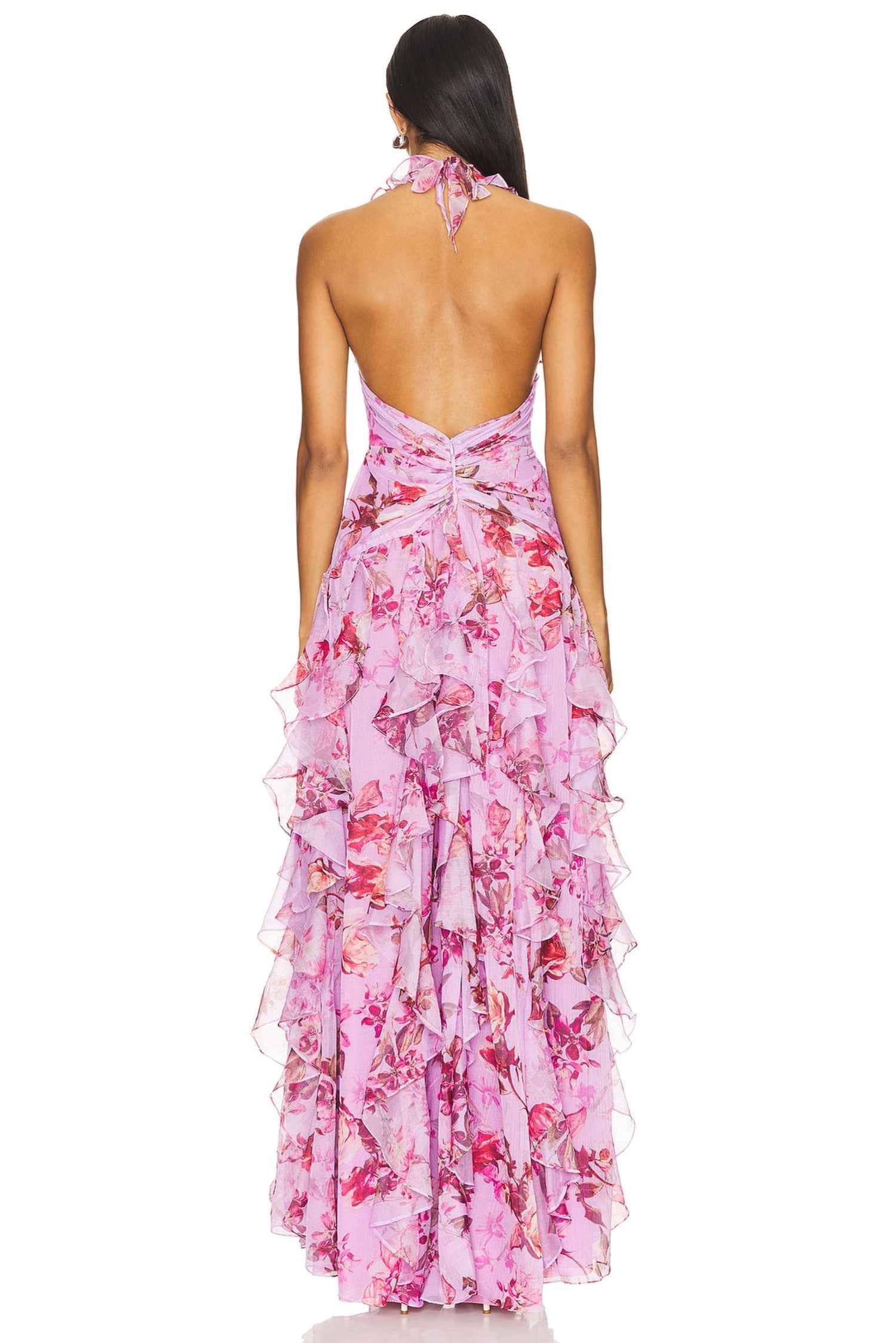 Pink Tulle Floral Ruffle Halter Maxi Dress Selene Dress Pink Tulle Floral Ruffle Halter Maxi Dress Selene Dress