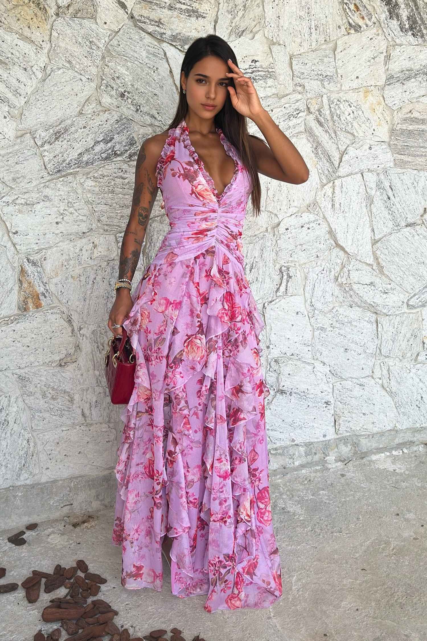 Pink Tulle Floral Ruffle Halter Maxi Dress Pink / 6 Pink Tulle Floral Ruffle Halter Maxi Dress Pink / 6