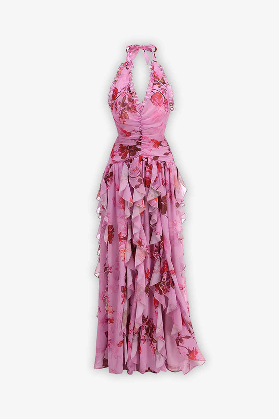 SOLENE PINK EMBELLISHED TASSLE TIERED MAXI DRESS