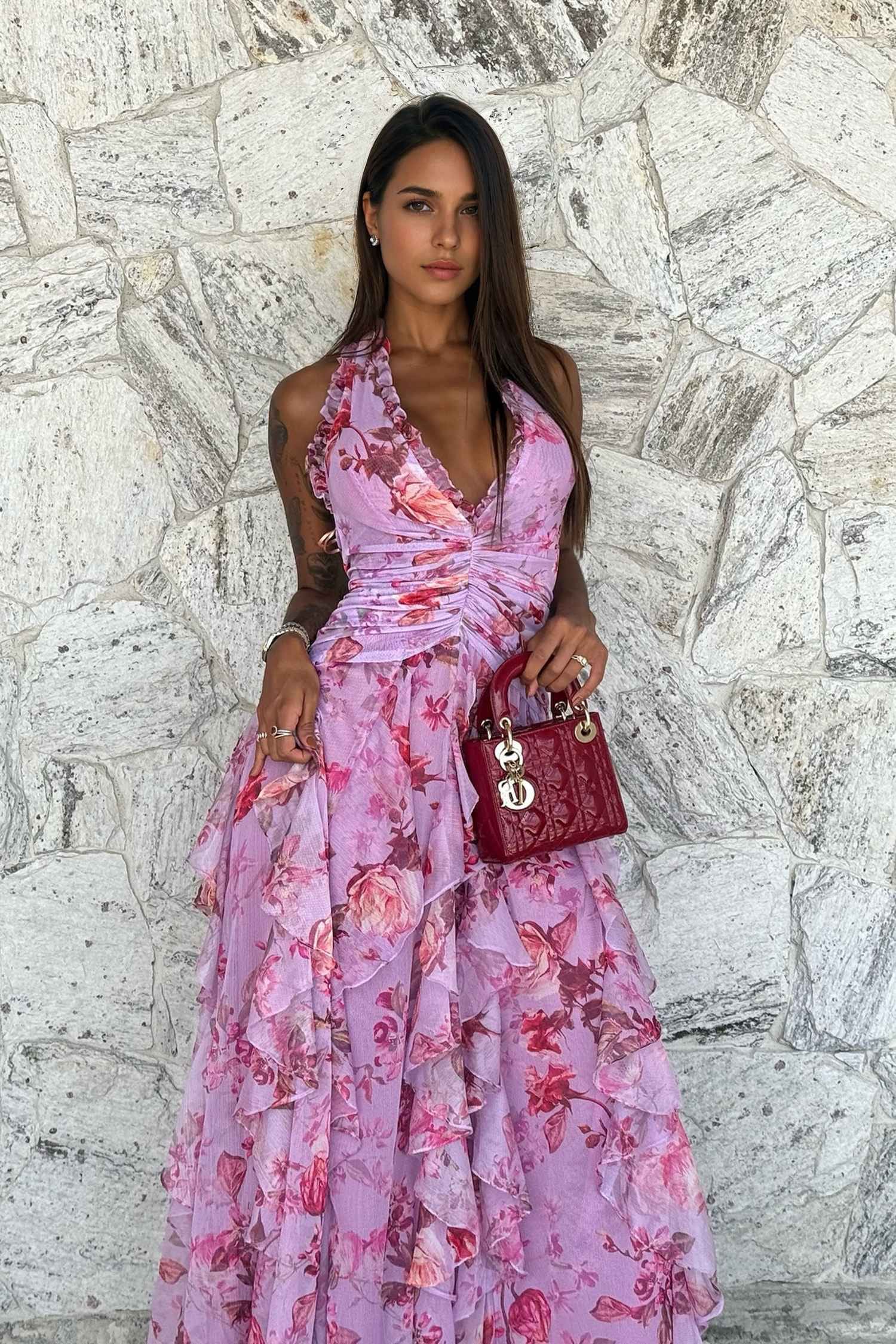 Pink Tulle Floral Ruffle Halter Maxi Dress Pink / 6 Pink Tulle Floral Ruffle Halter Maxi Dress Pink / 6