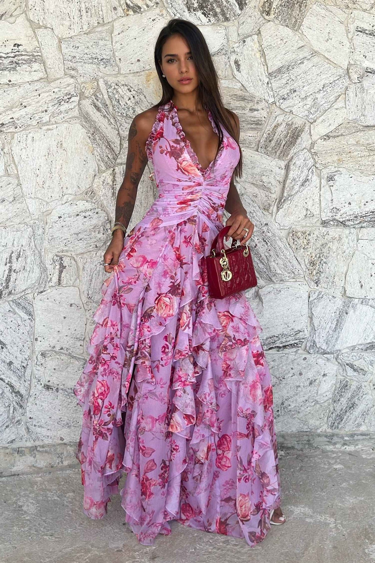 Pink Tulle Floral Ruffle Halter Maxi Dress Pink / 6