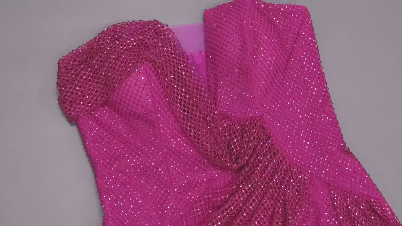 Hot Pink Rhinestone Draped Mesh Maxi Dress
