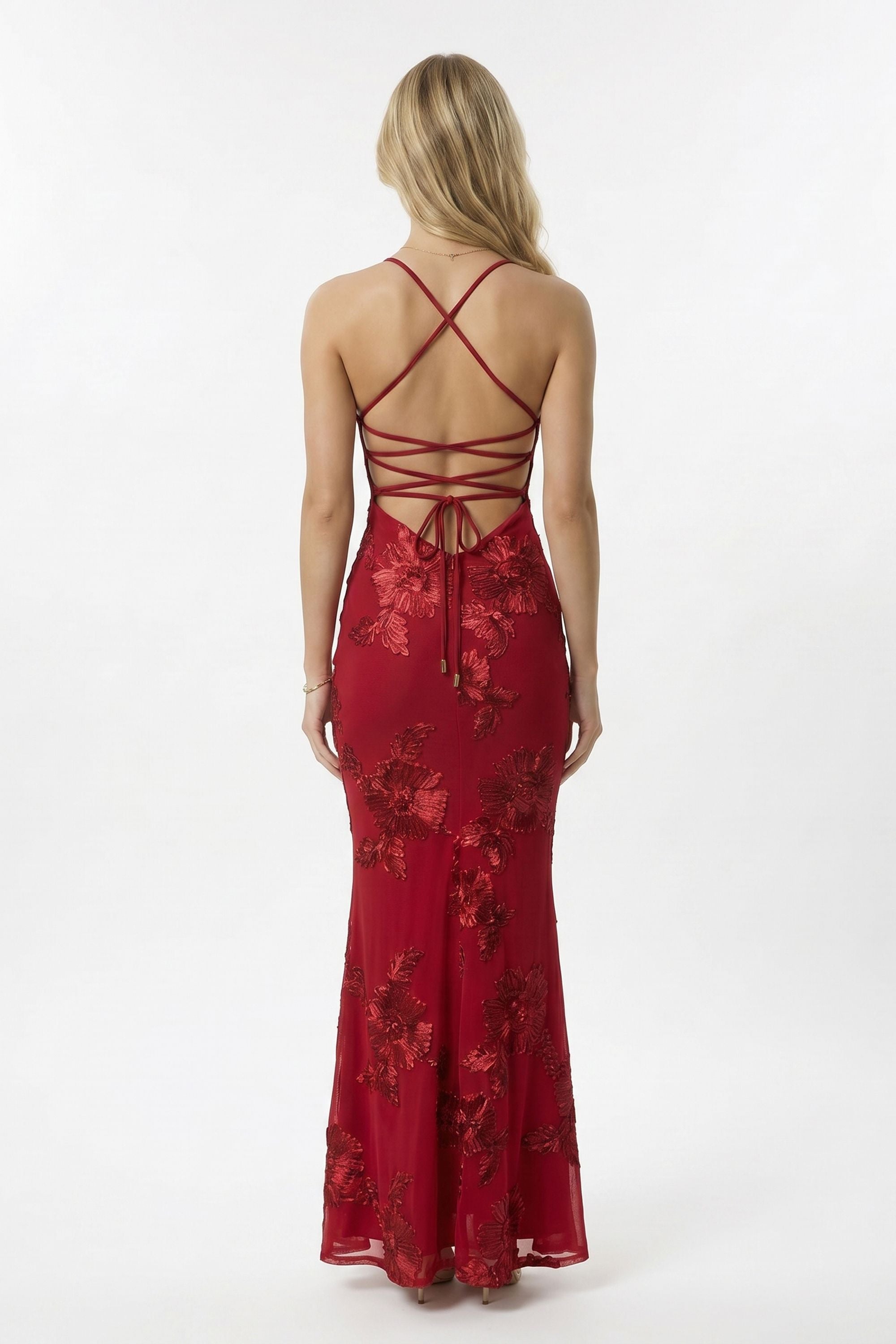 Red Floral Embroidery Corset Halter Maxi Dress Red / 8 Red Floral Embroidery Corset Halter Maxi Dress Red / 8