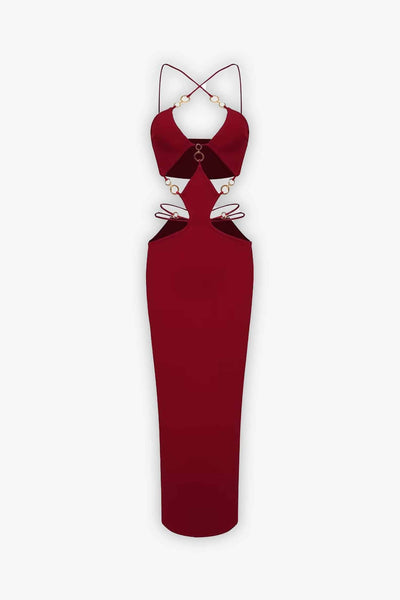 Red Gold Chain Cutout Bodycon Maxi Dress 8
