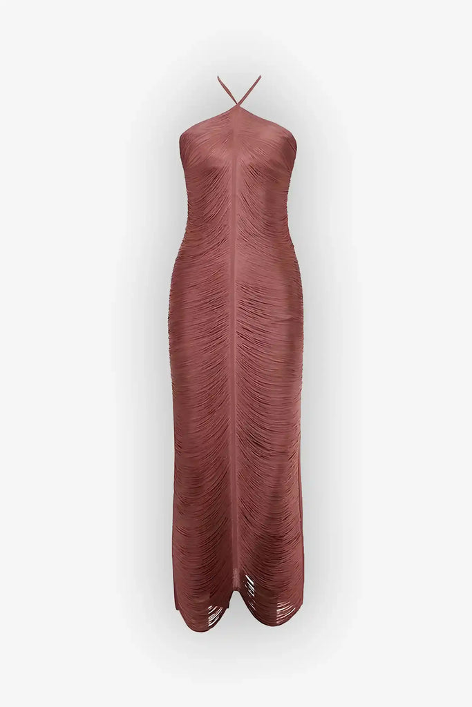 Rose Gold Halter Fringe Maxi Dress Selene Dress Rose Gold Halter Fringe Maxi Dress Selene Dress