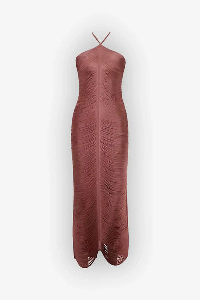 Rose Gold Halter Fringe Maxi Dress Rose Gold / 8