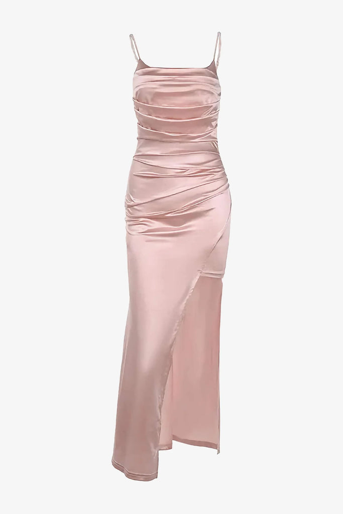 Rose Gold Satin Maxi Slit Dress Rose Gold / M