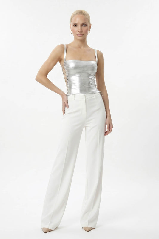 Silver Metallic Lace-Up Bandage Corset Crop Top - Silver / XS - Top