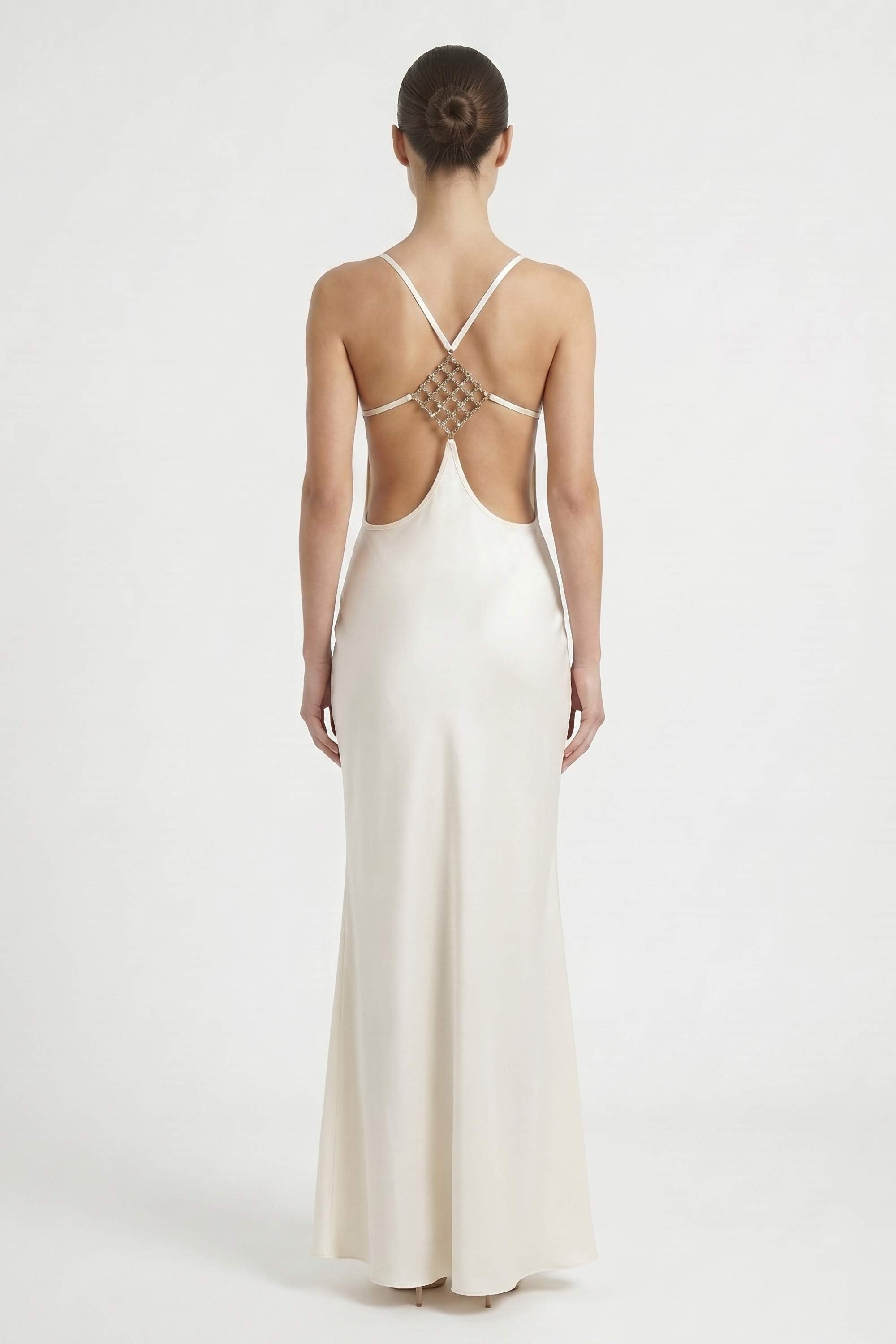 White Backless Rhinestone Satin Maxi Dress - Dress