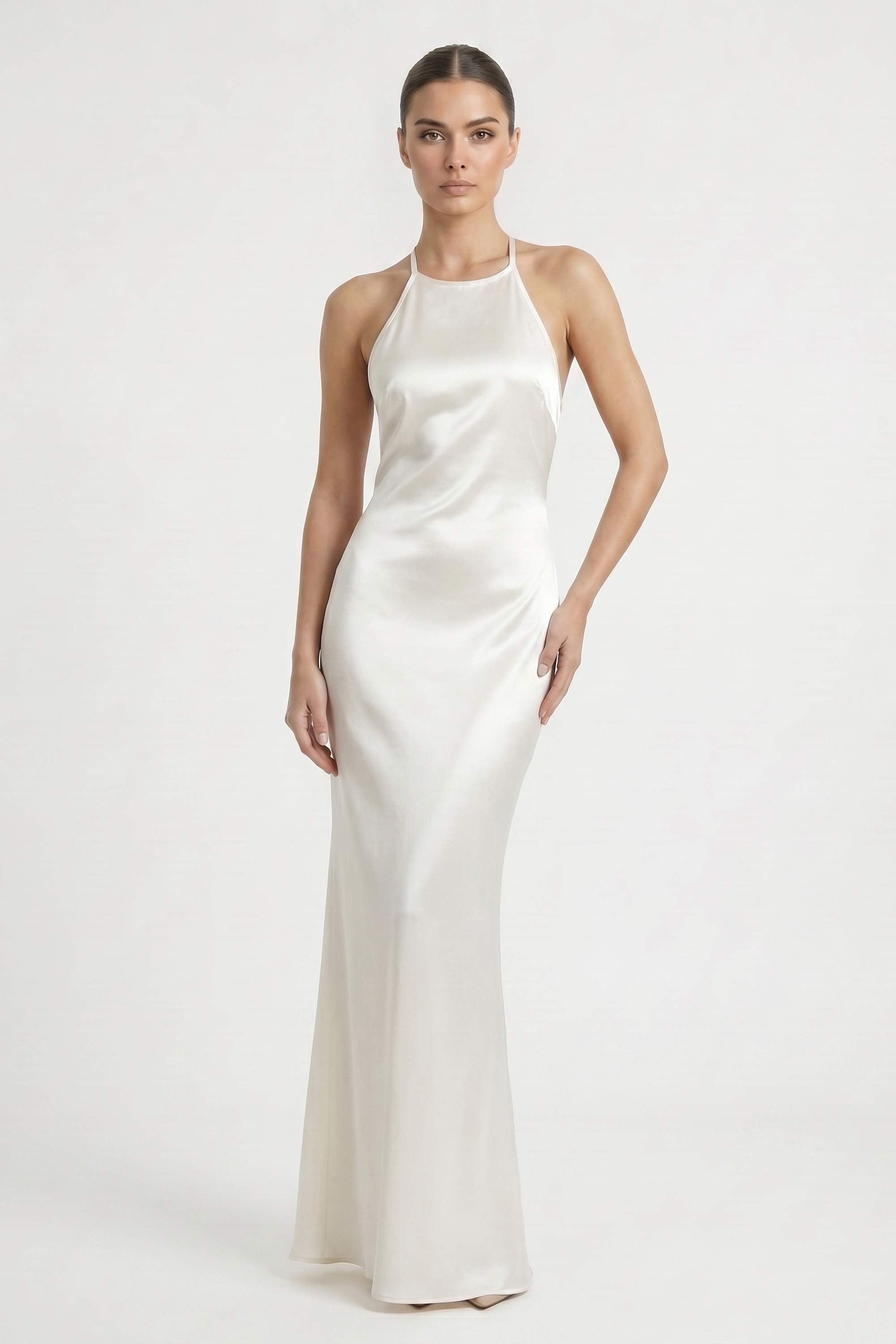 White Backless Rhinestone Satin Maxi Dress - White / S - Dress