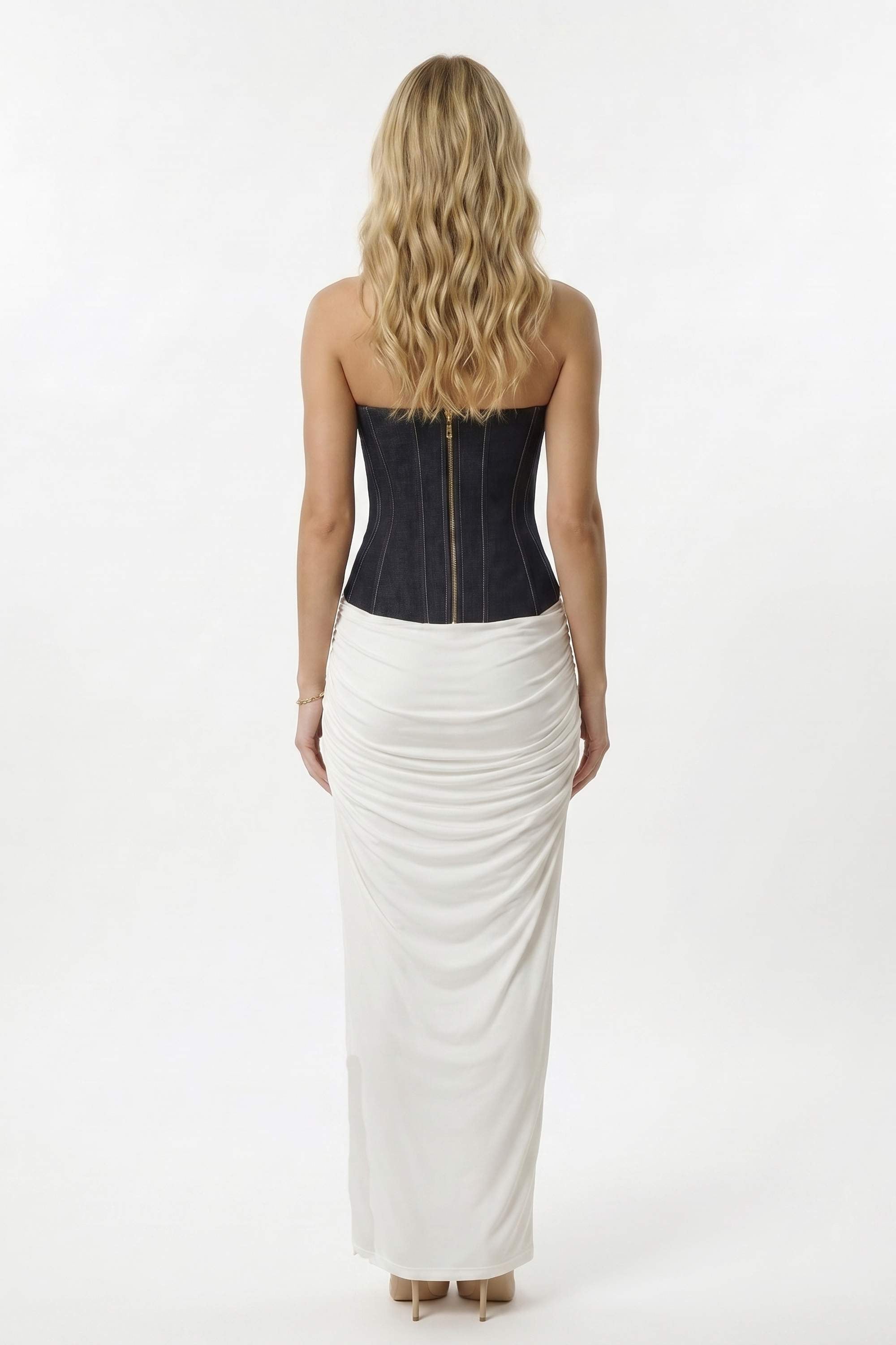 White Halter Neck Denim Corset Maxi Dress - Dress