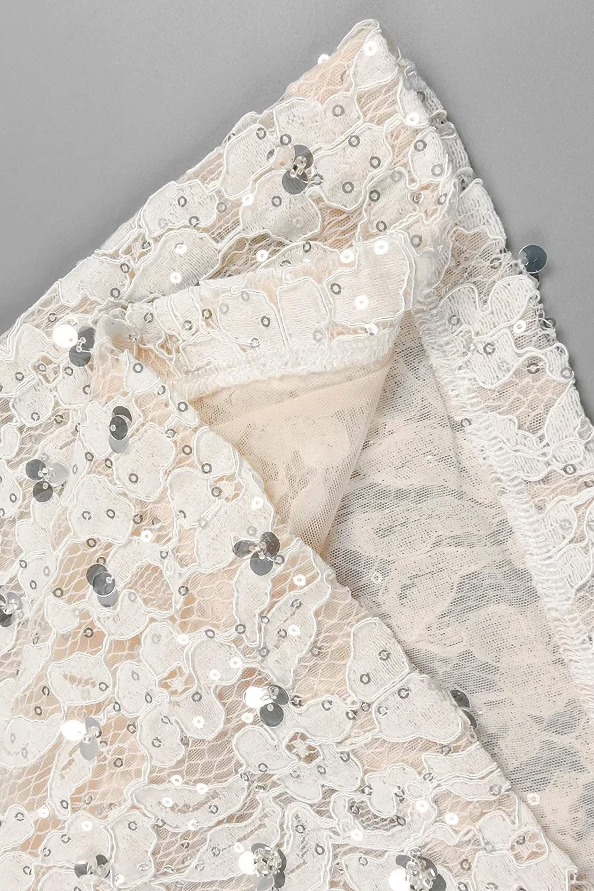 White Long Sleeve Draped Lace Sequin Mini Dress - Dress