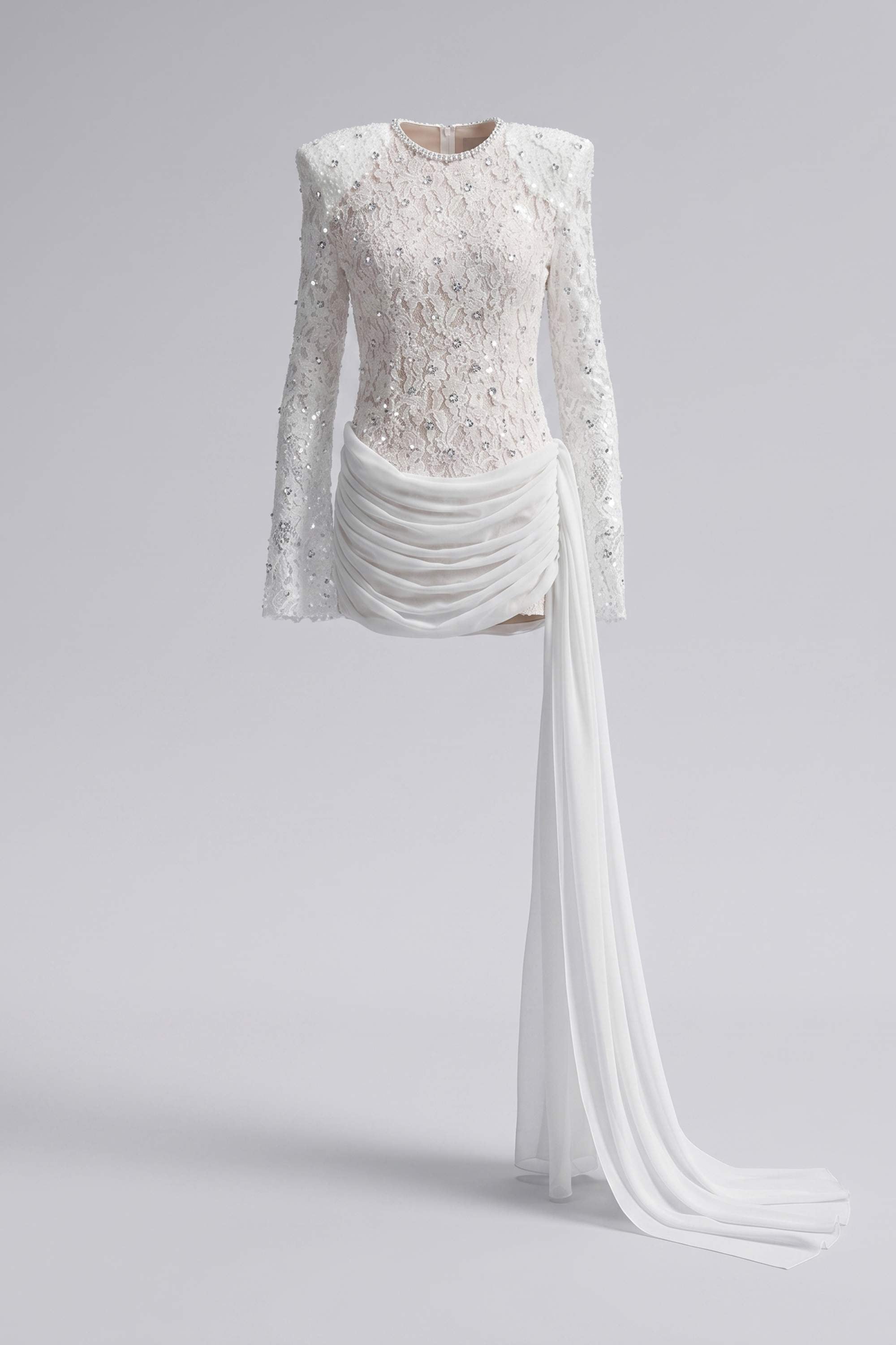 White Long Sleeve Draped Lace Sequin Mini Dress - Dress