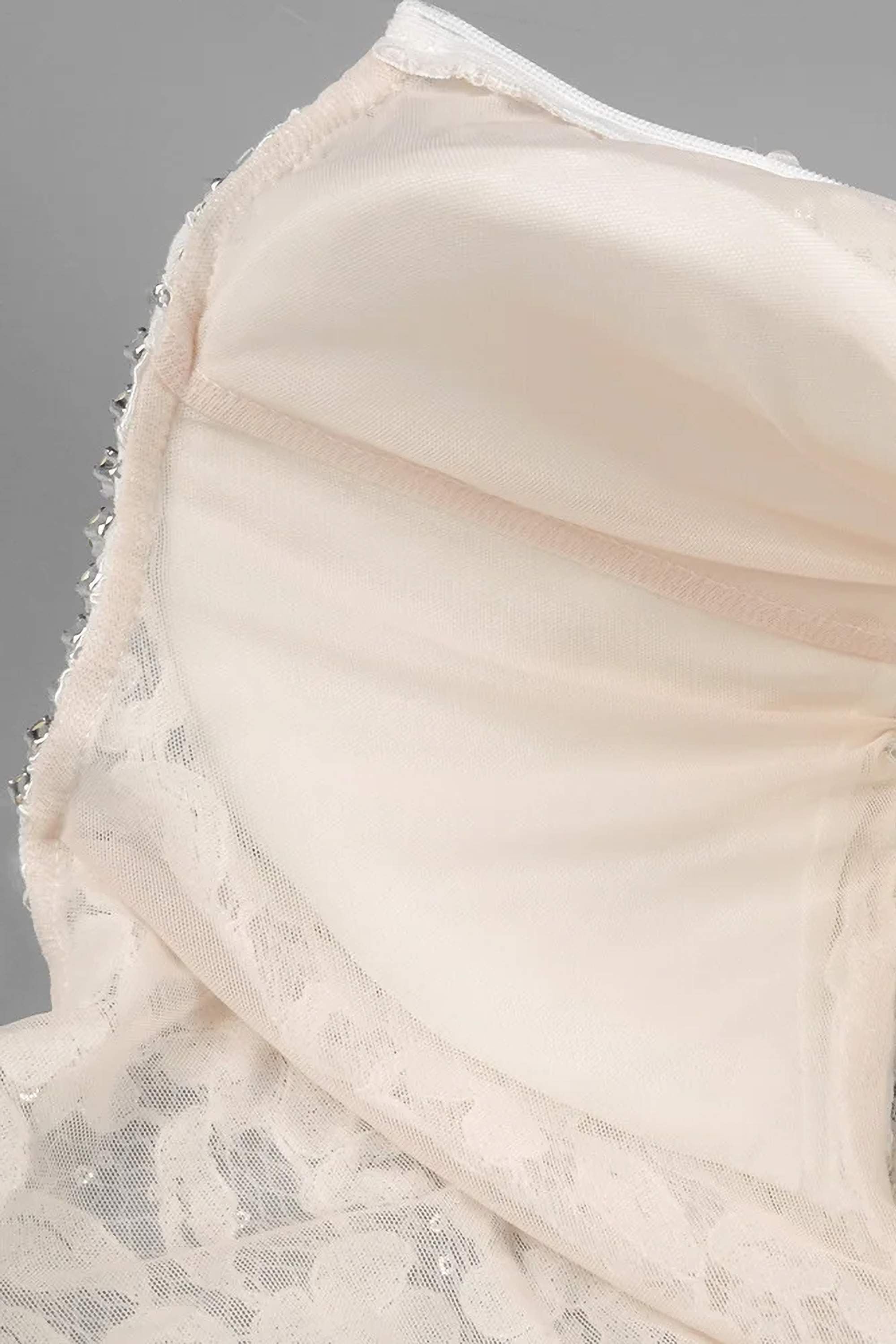 White Long Sleeve Draped Lace Sequin Mini Dress - Dress