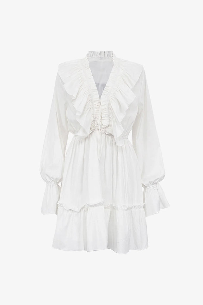 Women's White Dress Mini Dress Ruffle Date Vacation Streetwear Casual V Neck Long Sleeve White Color
