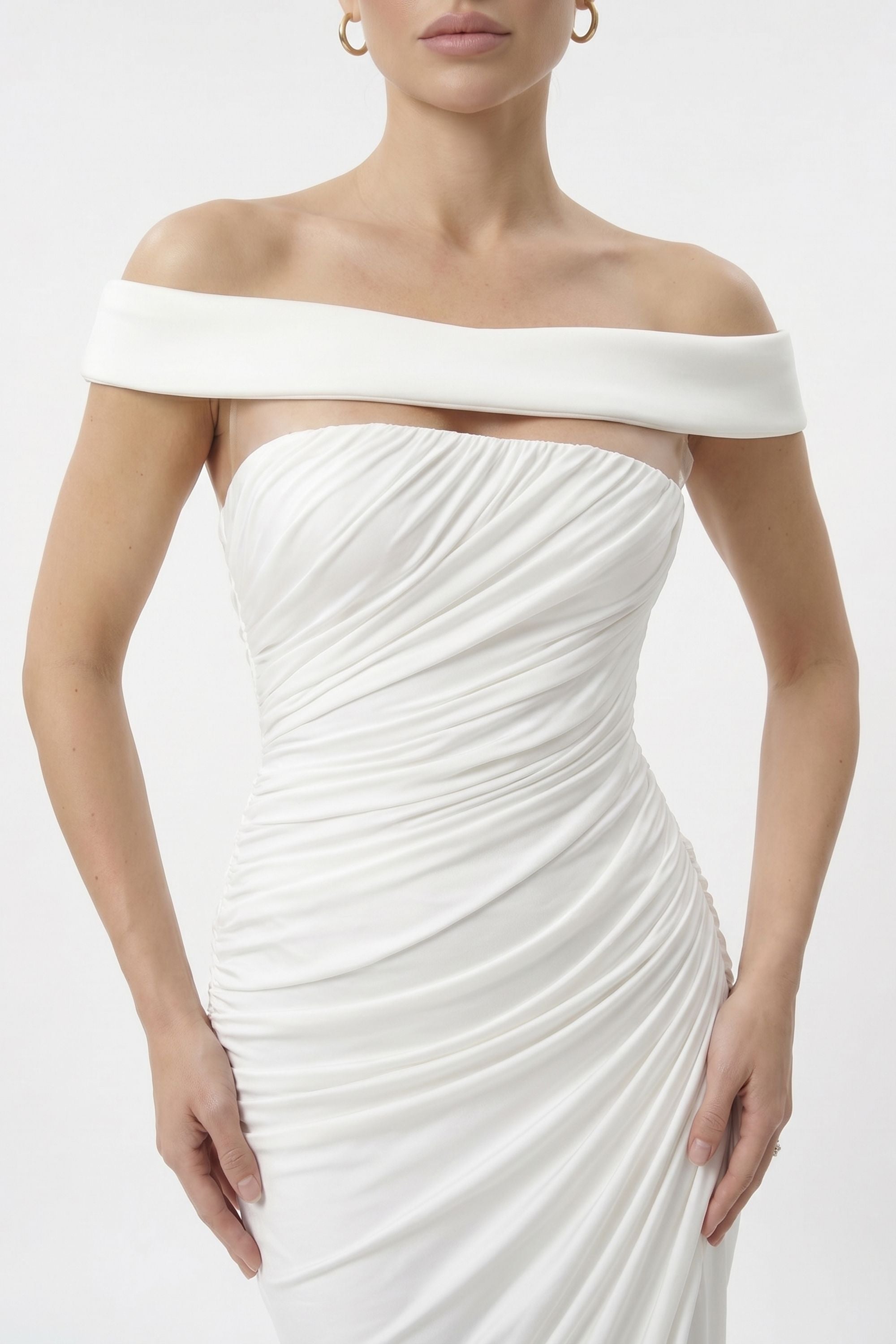 White Off The Shoulder Ruched Split Maxi Dress White / 6