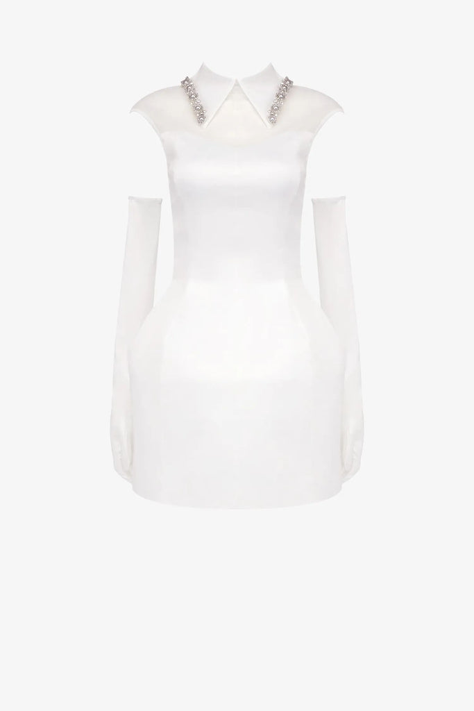 White Satin Fit & Flare Collared Mini Dress Selene Dress White Satin Fit & Flare Collared Mini Dress Selene Dress